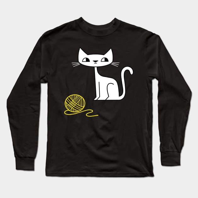 Cat. Yellow Yarn. Mischief Long Sleeve T-Shirt by Andy McNally